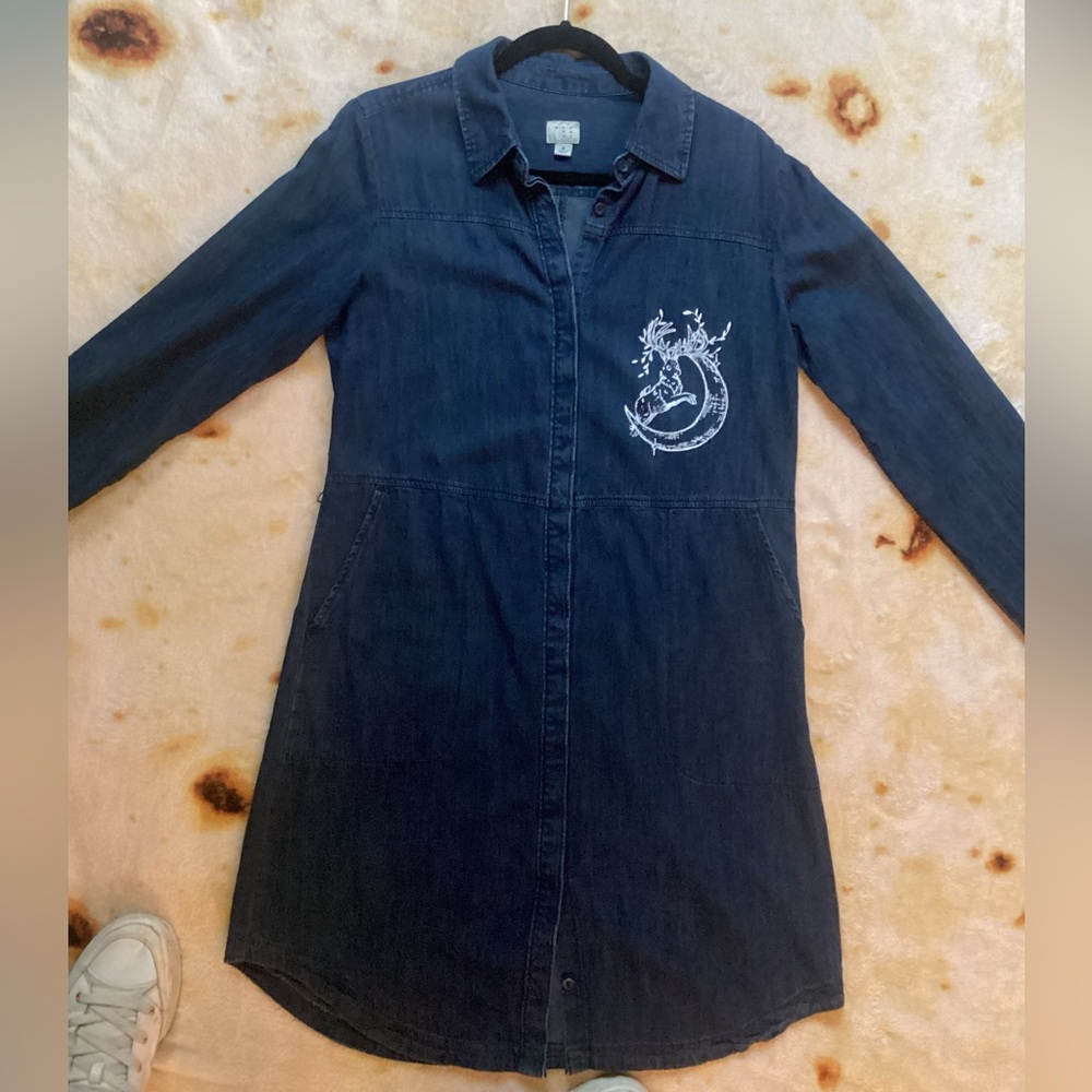 Long Sleeve Denim Dress with Jackalope and Moon